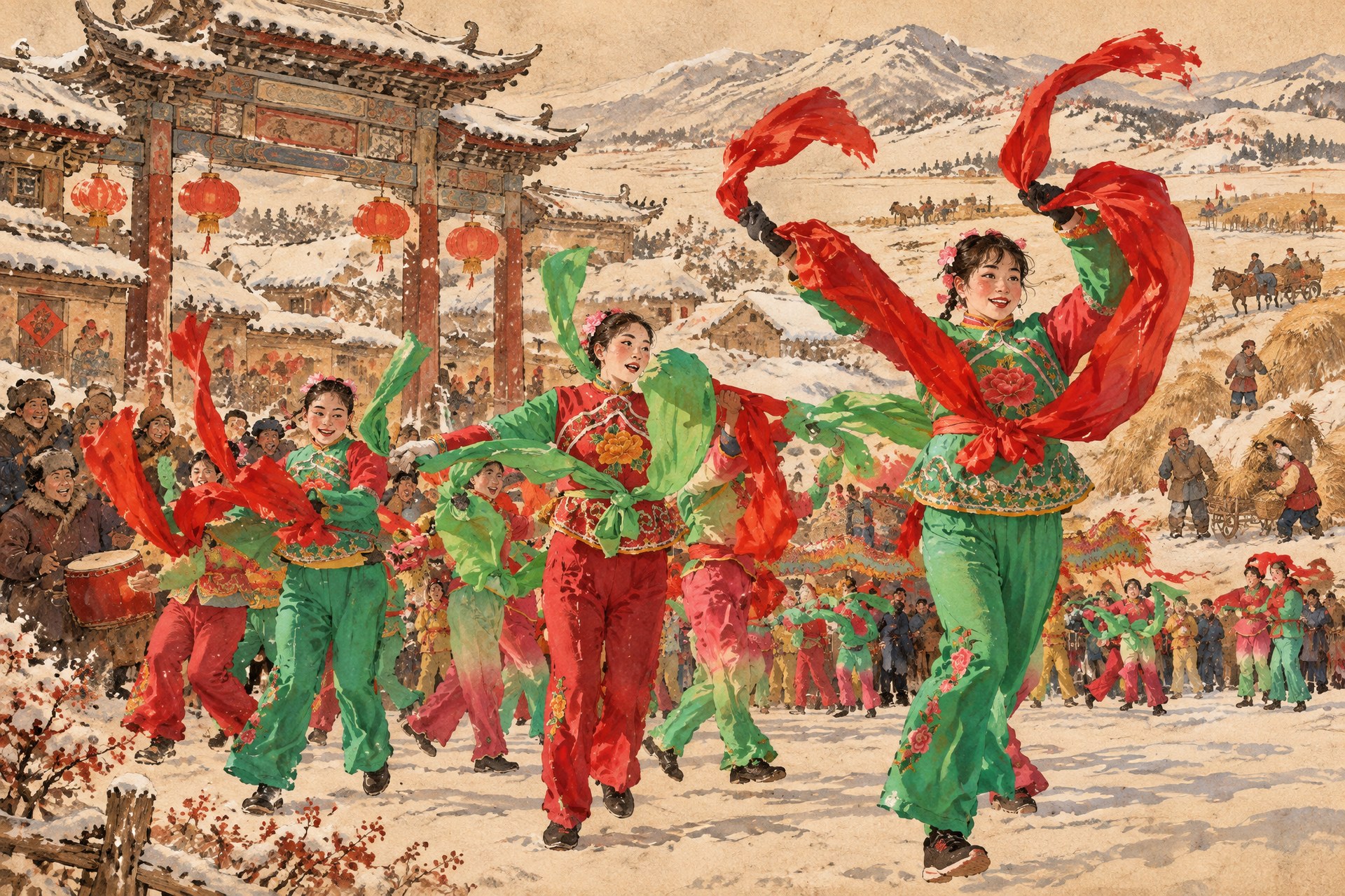 东北大秧歌历史插画：关东大地上秧歌队走街串巷的民俗场景