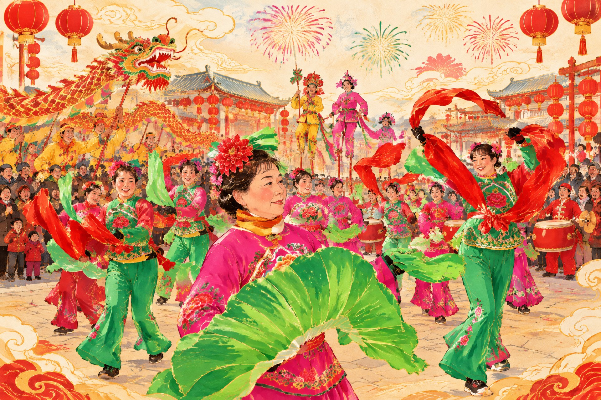 节庆社火秧歌展演插画